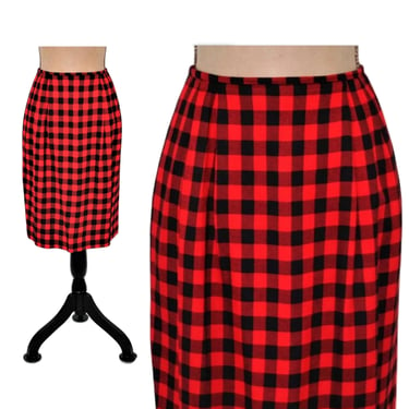 S-M | 90s Red Black Buffalo Plaid Skirt - 28 Waist, Check Midi Pencil Skirt with Pockets 1990s Clothes Women Vintage JONES NEW YORK Size 6-8 