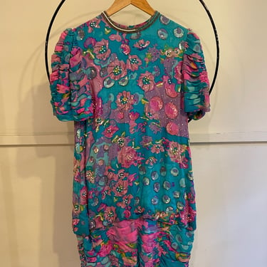 80s Judith Ann Silk Beaded Floral Puff Sleeve Dress