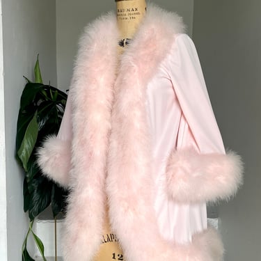Dreamy Pinup Vintage Baby Pink Claire Sandra by Lucie Ann of Beverly Hills Marabou Swing Cut Hostess Robe 