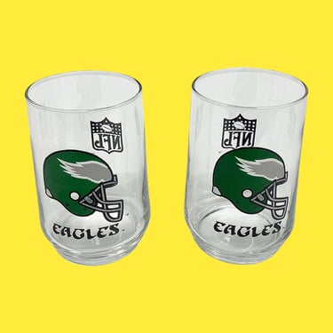 Vintage Philadelphia Eagles Glasses Retro 1980s Kelly Green Helmet + Clear Glass + Set of 2 + NFL Sports + Philly Football + Memorabilia 