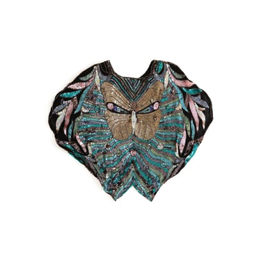 Butterfly silk blouse | Vintage 70s beaded sequin butterfly face blouse 