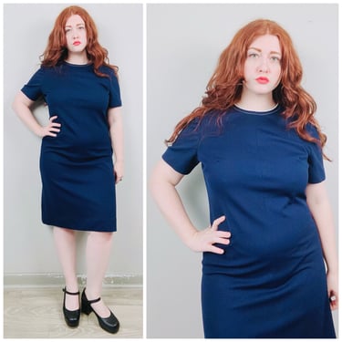 1970s Vintage Stoner Square Navy Blue Dress / 70s / Seventies Polyester Knit Mini Dress / Size XL 