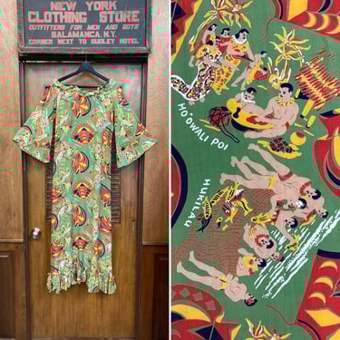 Vintage 1940’s Original “Kamehameha” Rayon Tiki Cartoon Native Pake Muu Batwing Sleeve Hawaiian Dress, Pake Muu, Hawaiian Dress, 1940s Dress 