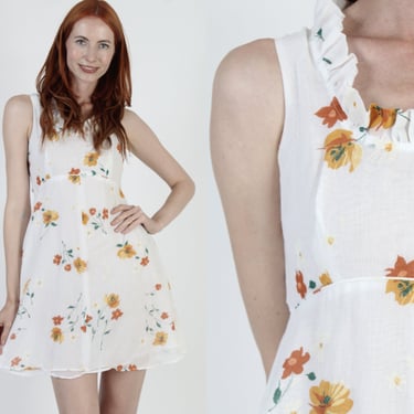 70s Lightweight Garden Floral Dress Ruffle Neckline Prairie Sundress Vintage Low Cut Boho Summer Micro Mini 