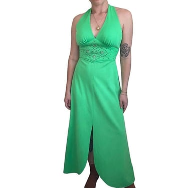 Vintage 1970s Womens Retro MidMod Lime Green Halter Prom Dress Evening Gown Sz M 