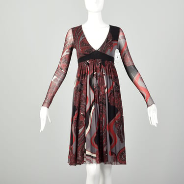 XXS Jean Paul Gaultier Soleil Red Dress Sexy Black Mesh Long Sleeves 
