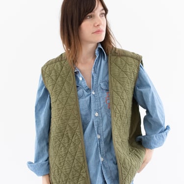 Vintage Green Diamond Quilt Cotton Vest | Unisex Two Tone Sleeveless Liner Jacket | M | V6 