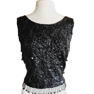 Vintage 60s Black Beaded Shell Top Dressy Sleeveless 