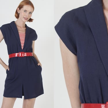 Vintage Sailor Inspired DressWith Pockets / Nautical Red Striped Print / Wide Roll Shawl Collar / Kick Pleat Preppy Mini 