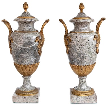 Pair of Louis XVI Style Gilt Bronze and Granite Urns