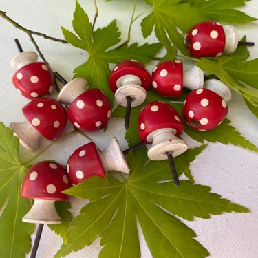 Vintage Wood Mushroom Candle Holder Cake Toppers, Red White Polka Dot Mushrooms, Wooden, Set Of 10, Require Very Thin Candles 