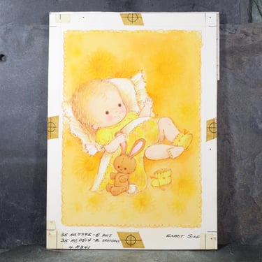 VERY RARE! ORIGINAL Gouache Painting by Artist Fran Ju | 1960s Original Rust Craft Greeting Card Art | Baby in Yellow with Bunny 