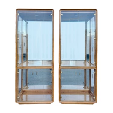 Set of 2 Vintage Post Modern Waterfall Display Cabinets - American of Martinsville Lighted Curio Vatrine Wood, Mirror, Gold, Glass Case Pair 