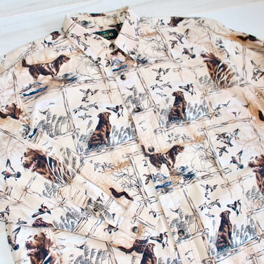 Vintage Hunting Shirt, Dog & Duck Print, Button Down, Collared, Camo, Long Sleeve, Outdoors, Camp, All Over Print 