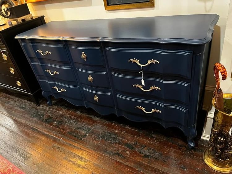 Blue painted 9 drawer dresser, 64” x 19.5” x 32.5” 