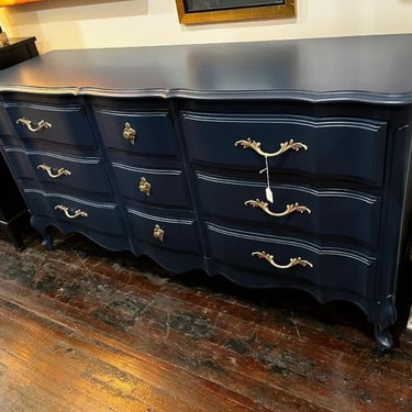 Blue painted 9 drawer dresser, 64” x 19.5” x 32.5” 