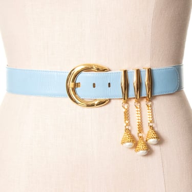 Vintage 1980s Belt | 80s ESCADA Light Blue Leather Gold Pearl Charms High Waisted Cinch Belt (large) 
