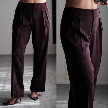 SALVATORE FERRAGAMO Aubergine Gabardine Stretch Double Pleated Mid Rise Slacks | Made in Italy | Y2K 2000s FERRAGAMO Designer Womens Pants 
