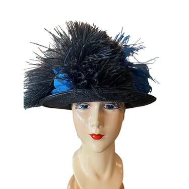 edwardian feather hat, teal and black, early 1900s millinery, wide brim hat, black straw, antique, titanic era, raffle hats 