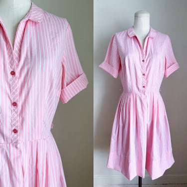 Vintage 1960s Pink & White Candy Striped Shirtwaist Dress / S 