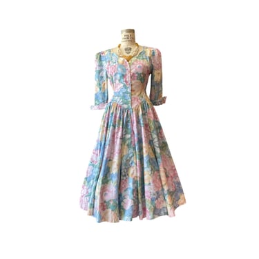 Vintage 1980s pastel floral cotton fit and flare dress by expo, medium large, 1950s style, full skirt, pockets, puff shoulders, 32 