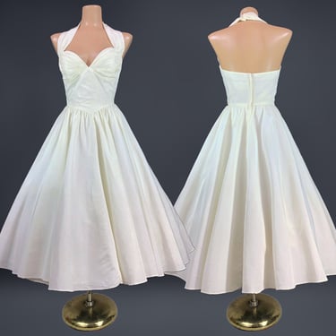 VINTAGE 80s does 50s Marilyn Full Sweep Taffeta Halter Dress by TD4 Electra Sz 9/10 | 1980s 1950s Ivory Cocktail Party Wedding Dress | VFG 
