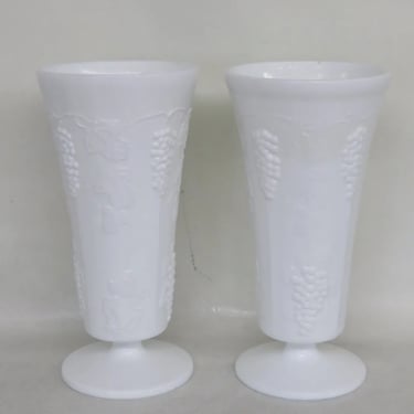 Westmoreland White Milk Glass Grapevine Design Footed Tall Vases a Pair 3742B