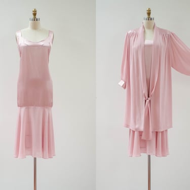 blush pink dress | 80s 20s flapper style plus size vintage pale pastel pink chiffon bias dress lantern sleeve jacket set 