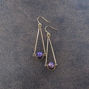 Pendulum purple jasper earrings, gold 