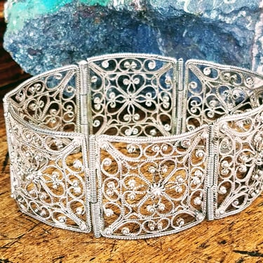 Elegant Sterling Filigree Bracelet~Vintage European Artisan Link Bracelet Floral Panels~Sterling Silver 925~Gifts for her~JewelsandMetals 