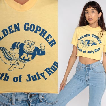 80s University of Minnesota Shirt -- Golden Gopher Fourth of July Run Tee Crop Top 1980s Tshirt Yellow Graphic T Shirt Small S 