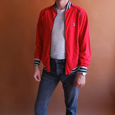 Vintage 70s FILA Red Track Jacket/ 1970s Zip Off Sleeve Red Blue Velour Jacket/ Size Large 