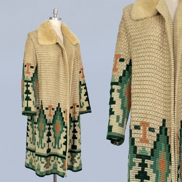 RARE 1920s Coat / Antique 20s Woven Geometric Textile Coat with Fur Collar 