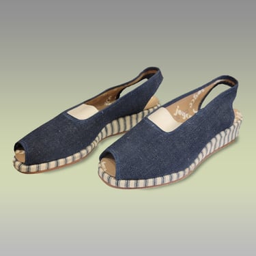 1960s Play Shoes by Joyce Inc. / Vintage Espadrilles / Deadstock / Denim Sling Back Peep Toe Wedge Shoes / Vintages Wedges / Size 6 