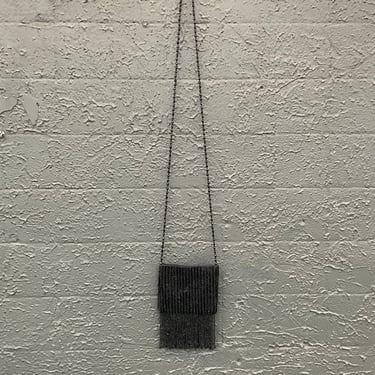 1980s Jet Black Beaded Mini Handbag with Beaded Fringe