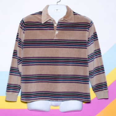 Vintage 1970s Brown Striped Velour Shirt | Small/Medium | 14 