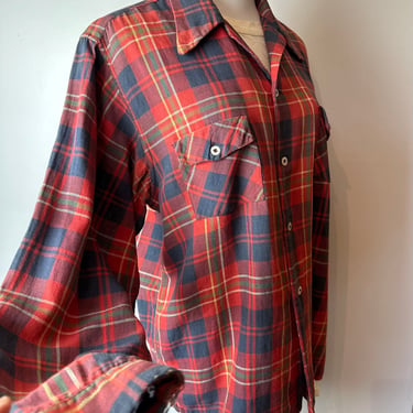 Men’s 1940’s soft cotton twill plaid shirt~ Rockabilly casual button down 2 pocket semi distressed comfy campy vibes outdoorsman/ size  LG 