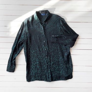 leopard print shirt 90s y2k vintage dark green shimmery iridescent blouse 