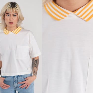 Collared T-Shirt 90s White Crop Top Cropped Buttonless Polo Yellow Collared Pocket Tee Nautical Patch Gitano Tshirt Vintage 1990s Medium M 