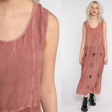 Indian Maxi Dress Hippie Sundress 90s Grunge EMBROIDERED Dress Muted Pink Boho Festival 1990s Bohemian Sleeveless Vintage Small Medium 