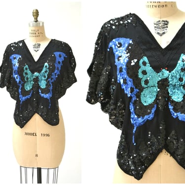 Vintage Butterfly Sequin Shirt Crop Top Size Medium In Black Blue with Butterfly// Vintage Metallic Sequin Shirt Festival Boho Shirt 