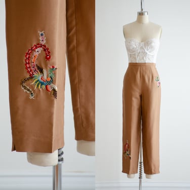cute cottagecore pants 90s y2k vintage high waisted brown silk embroidered floral phoenix cropped ankle pants 