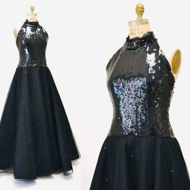 80s 90s Vintage Black Sequin Halter Neck Sequin Dress Cocktail Party Dress Rose Taft Small// 80s Glam Black Pageant Dynasty Dress Ball Gown 
