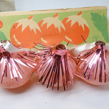 3 Vintage Russian Painted Pink Glass with Tinsel Christmas Tree Ornaments, Antique New Year Decor 