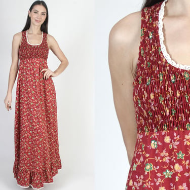 Red Smocked Full Skirt Dress, Vintage 70s Boho Wedding Gown, High Waist Long Summer Sundress 