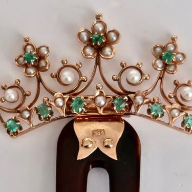 Edwardian Emerald & Pearl 14k Hinged Comb Bridal Hair Ornament 