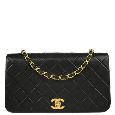 Chanel 1989-1991 Black Lambskin Turnlock Small Full Flap Shoulder Bag
