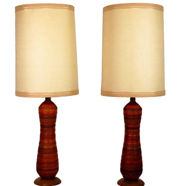 Pair of Mid Century Modern Orange Striped Ceramic Lamps 