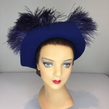Power Play - Vintage 1940s Royal Blue Fur Felt Sculpted Bonnet Hat w/Matching Horse Hair & Feathers 