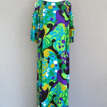 1960-70s - Mod Mumu - Kaftan - Op Art - Plychedelic  - Peek-a-Boo Sleeve - made in Hawaii - by Karen Ann - Estimated size L 